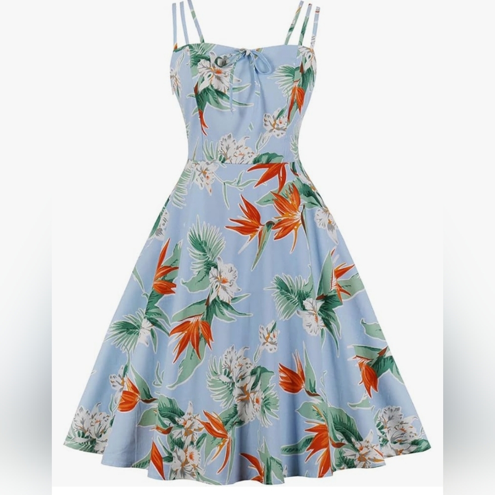 Hawaiian Floral Sleeveless Dress in Blue and Orange - 3xl